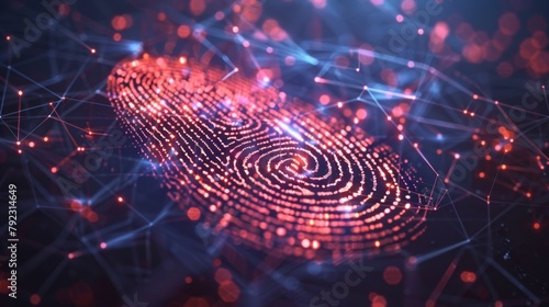 A digital fingerprint overlay on a network grid with glowing red and blue nodes, symbolizing data security and cyber connectivity.
