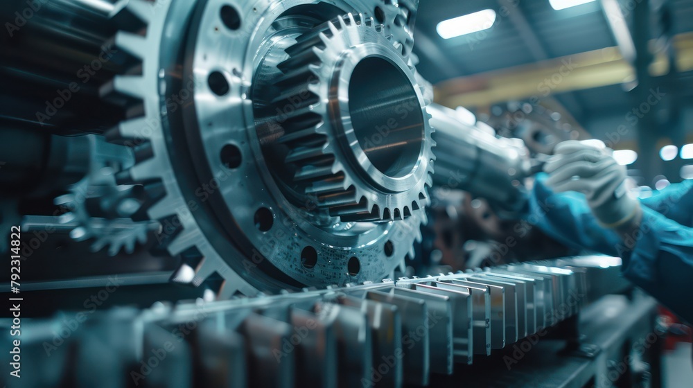 A Portrait of Engineer inspects engine gear wheel, industrial background. A Portrait of Engineer inspects engine gear wheel, industrial background.