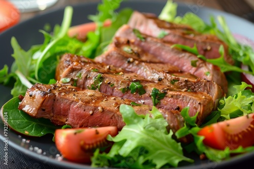 Beef steak over green salad