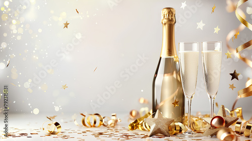 Champagne bottle and glasses with shiny star-shaped con © MONWARA