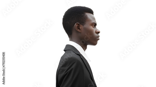A confident young African man in a sleek black suit standing isolated on a transparent background