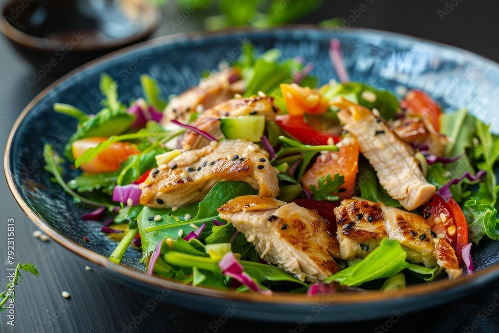 Chicken Asian salad in blue plate on dark backdrop Chicken Asian salad in blue plate on dark backdrop