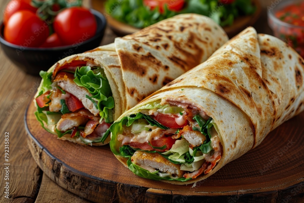Chicken bacon wraps with tomato lettuce cheese Tortilla burritos sandwiches twisted horizontally Chicken bacon wraps with tomato lettuce cheese Tortilla burritos sandwiches twisted horizontally