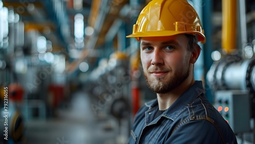 Industrial maintenance engineer in hard hat at factory station wearing uniform. Concept Industrial Maintenance Engineer, Factory Station, Hard Hat, Uniform, Safety Precautions © Ян Заболотний