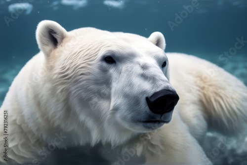 'close bear up polar underwater closeup water looking mammal animal swim ice cold arctic movement fur claw paw gentle stare1 single isolated bubble blue white climate change sea gaze air' photo