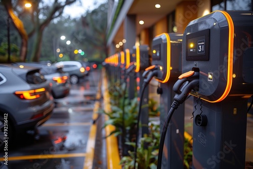 Zoomed-in view of an electric vehicle charging station at a forward-thinking companys parking lot photo