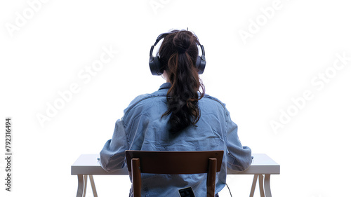 A woman sitting  at a desk with headphones isolated on a transparent background
