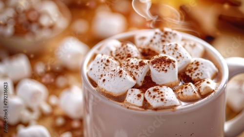 Closeup of a cup of steaming hot chocolate adorned with fluffy marshmallows and a sprinkling of cinnamon. The familiar scent of cocoa fills the air adding to the cozy atmosphere of .