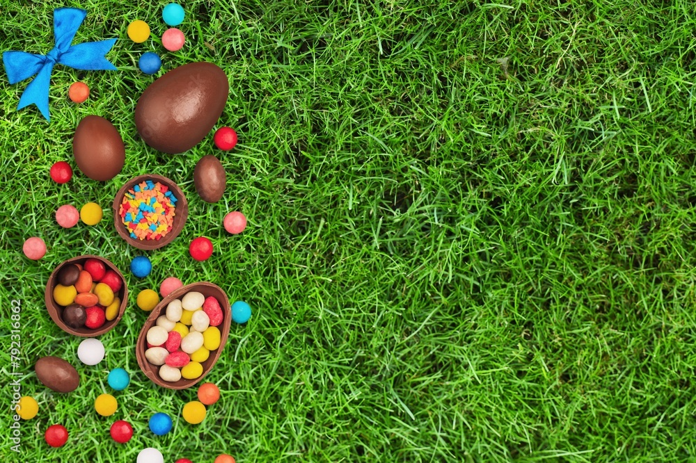 Fototapeta premium Color Easter egg. On green moss in forest