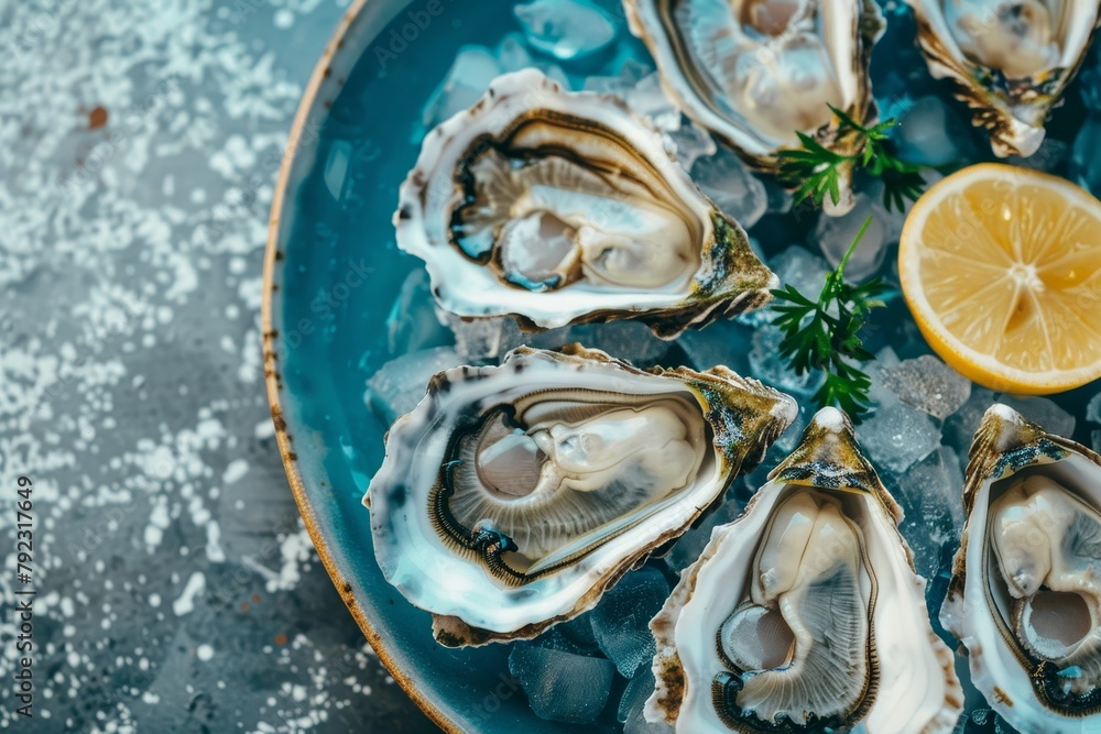 Close up view of fresh oysters on blue plate with lemon and ice served on table in restaurant Top view of gourmet seafood dinner Close up view of fresh oysters on blue plate with lemon and ice served on table in restaurant Top view of gourmet seafood dinner