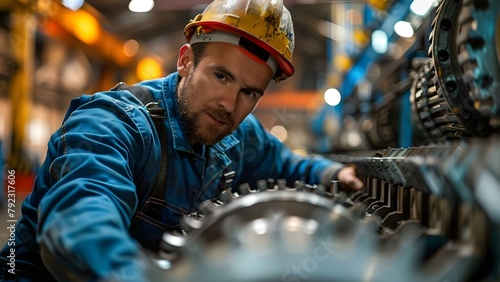 Skilled Mechanic Engineer in Overalls Expertly Maintains Complex Industrial Machinery Components. Concept Mechanic Engineer, Overalls, Industrial Machinery, Machinery Components, Skilled Maintenance