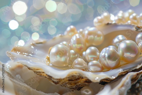 Close up view of cultured pearls in oyster shell