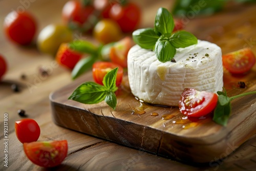 Closeup of tasty goat cheese tomatoes and basil on wooden board photo
