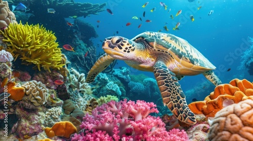 A sea turtle resting on a patch of coral  its shell blending seamlessly with the reef.