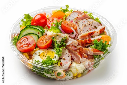 Cobb salad in plastic package for takeout or delivery isolated on white background close up suitable for keto diet
