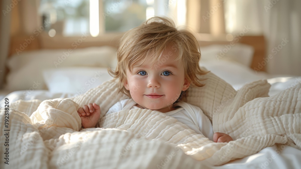 custom made wallpaper toronto digitalLittle child in a white bedroom, one year old child resting on the bed.