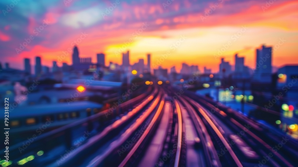 Defocused Cityscape at Sunset a blurry city skyline against a colorful sky representing the passing of hours and miles that travelers experience while journeying by train through bustling .