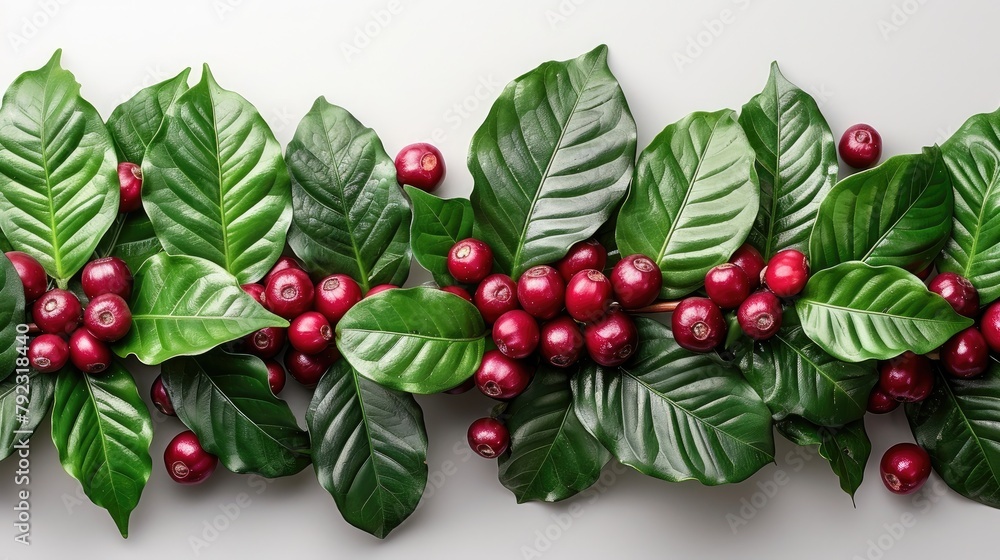 Top view of a coffee plant with green leaves and red berries on a white background. stock photo Top view of a coffee plant with green leaves and red berries on a white background. stock photo
