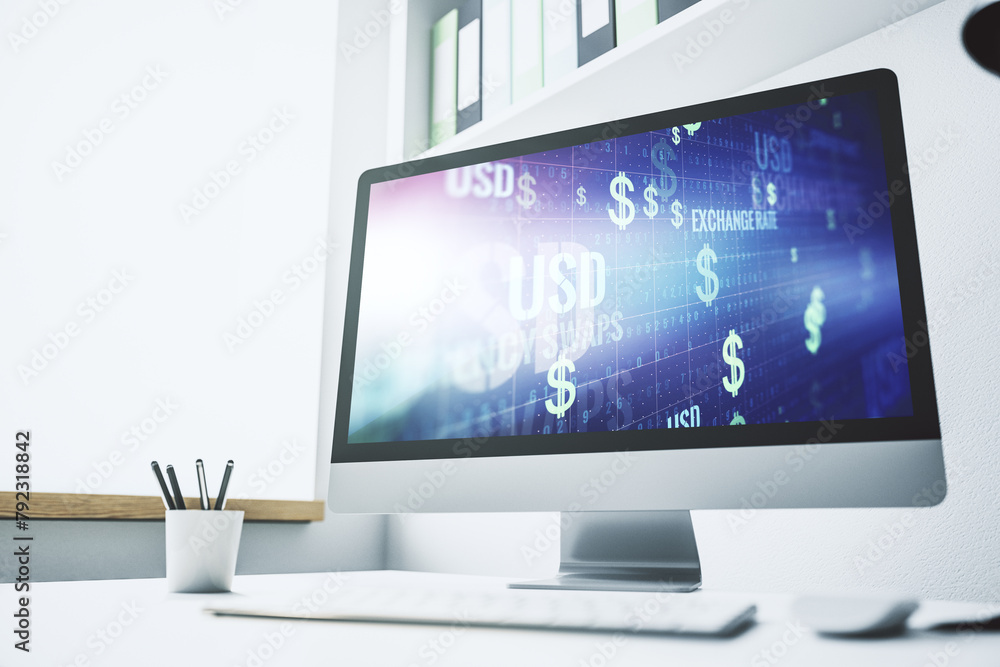 Creative concept of USD symbols illustration on modern laptop screen. Trading and currency concept. 3D Rendering Creative concept of USD symbols illustration on modern laptop screen. Trading and currency concept. 3D Rendering