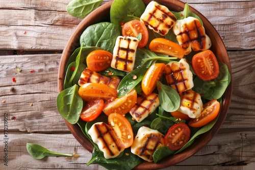 Delicious veggie salad with orange tomatoes spinach grilled halloumi honey olive oil dressing spices Flatlay on wood photo