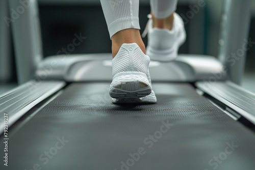 Close-up of feet stepping on a treadmill, beginning of a cardio workout, focus on the movement