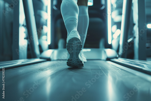Close-up of feet stepping on a treadmill, beginning of a cardio workout, focus on the movement