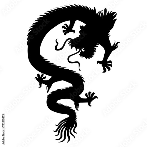 Chinese Dragon Silhouette, Chinese Zodiac, Horoscope Symbol on White Background. Isolated Black Silhouette.