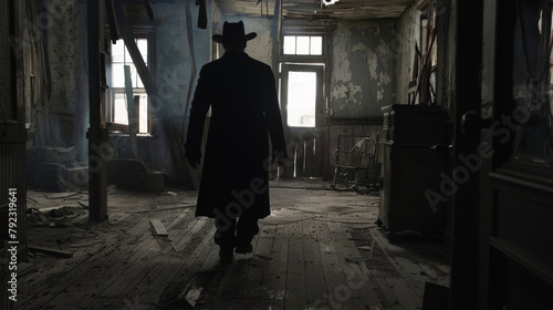 The Barren Bandido glides through the abandoned saloon his black ensemble blending seamlessly with the dark decrepit surroundings. .