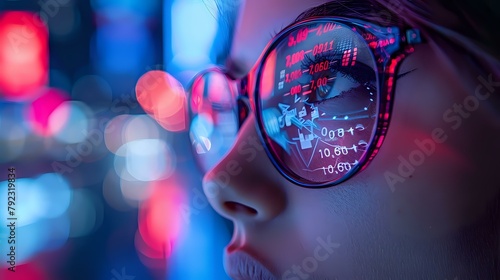 Dramatic Lighting on Individual Wearing Glasses Reflecting Financial Data
