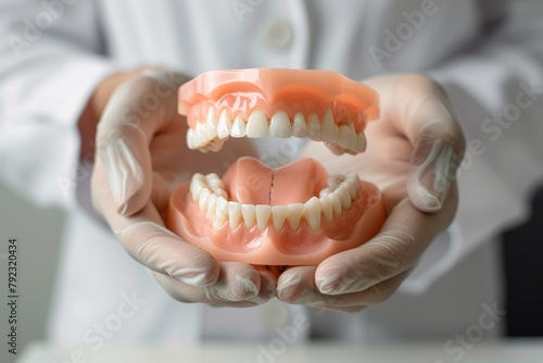 Dentist holding dentures in hands close up view