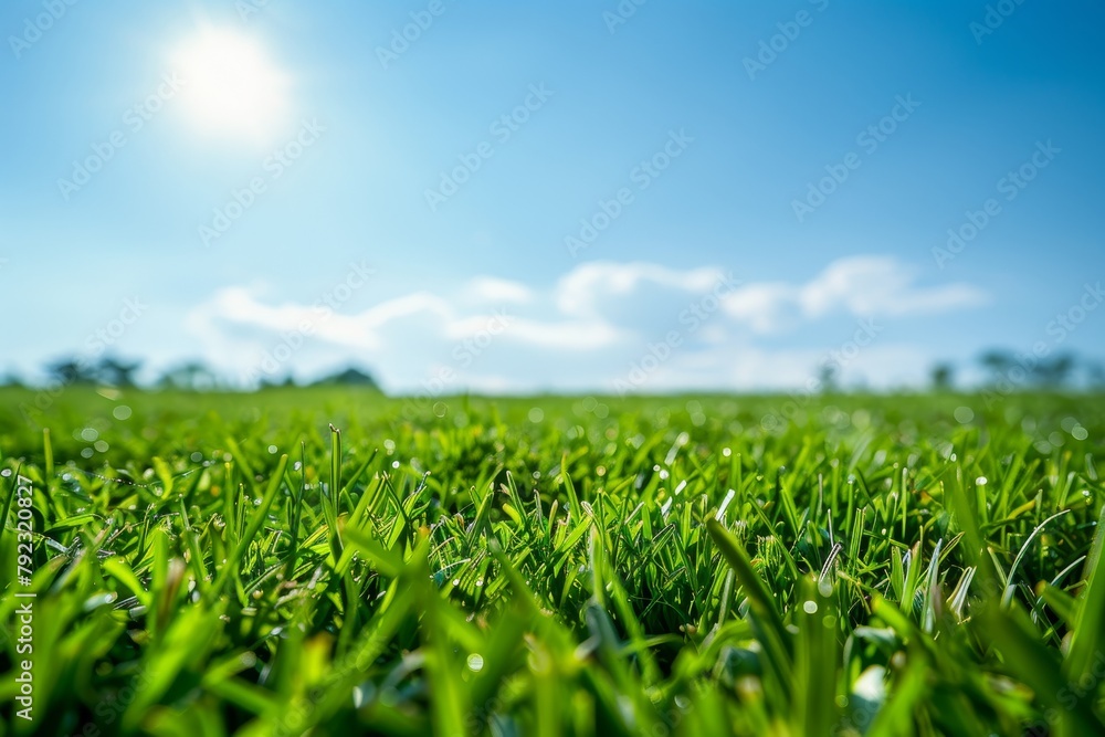 Obraz premium Detailed view of grass under sun Sky in distance Focus on grass
