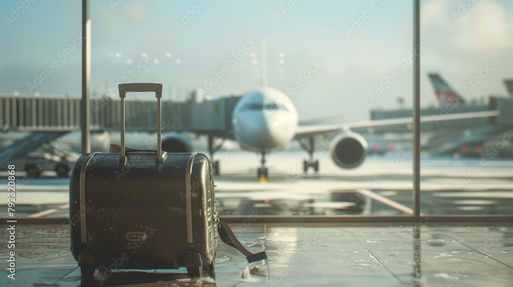 A Suitcase in Front of an Airport Terminal. A Suitcase in Front of an Airport Terminal.