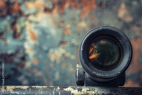 Detailed view of sniper scope on distressed backdrop