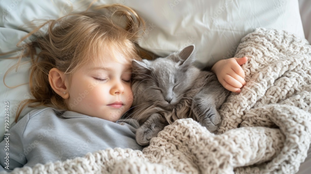 A toddler and their cat curled up together for a nap, both snuggled in a cozy bed. 