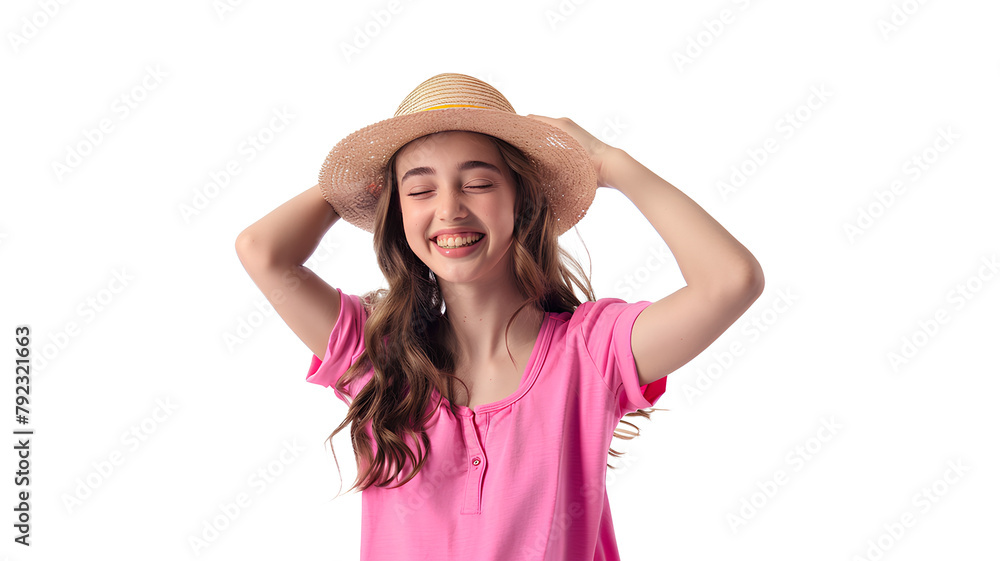 Hoppy teenage young woman ready for summer wearing hat isolated on a transparent background Hoppy teenage young woman ready for summer wearing hat isolated on a transparent background