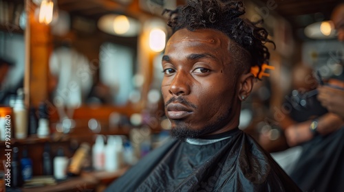 Black man getting haircut at barber shop