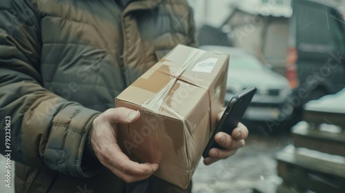 A man in a winter jacket holds a parcel and a smartphone on a snowy day, possibly coordinating a delivery.