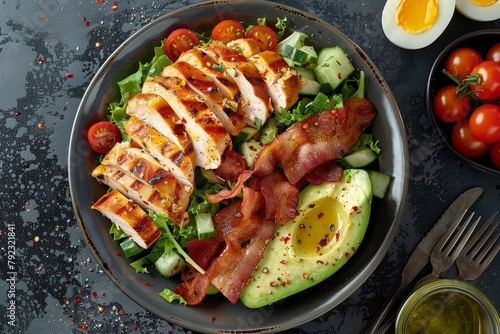 Fresh cobb salad with chicken avocado bacon tomato eggs American cuisine Overhead perspective