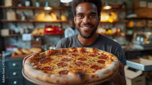 The black man smiled. happy with pizza