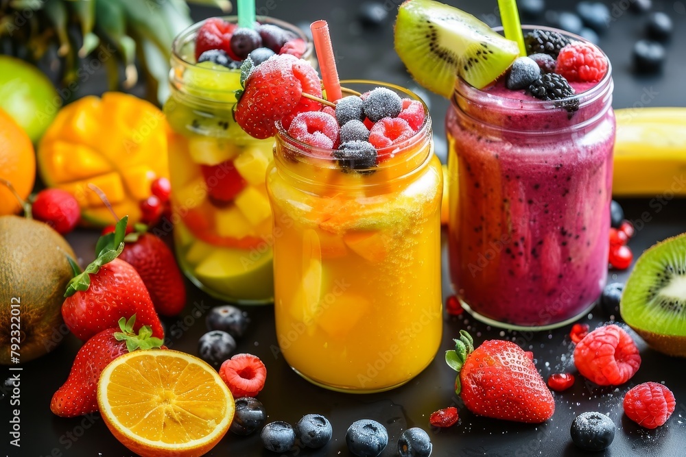 Fresh fruit smoothies with tropical berries healthy eating concept Fresh fruit smoothies with tropical berries healthy eating concept