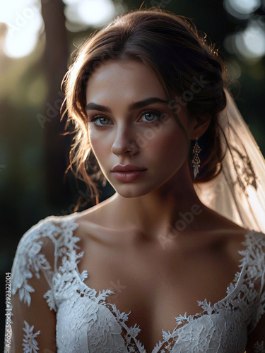 Portrait of a bride in white lace dress wearing veil outdoors