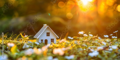 A charming toy house in a forest meadow, surrounded by wildflowers and bathed in a sunset's golden glow.