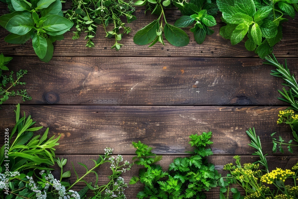 Fresh herbs on wooden table seen from above