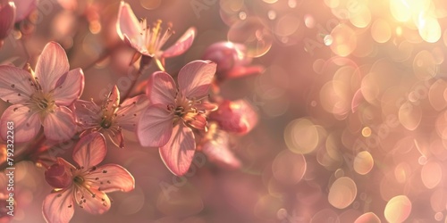 Delicate cherry blossoms in focus with a warm bokeh light effect enhancing the romantic mood.