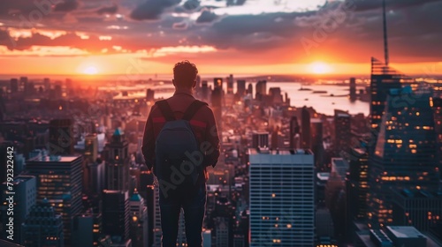A tourist with a city skyline at sunset.