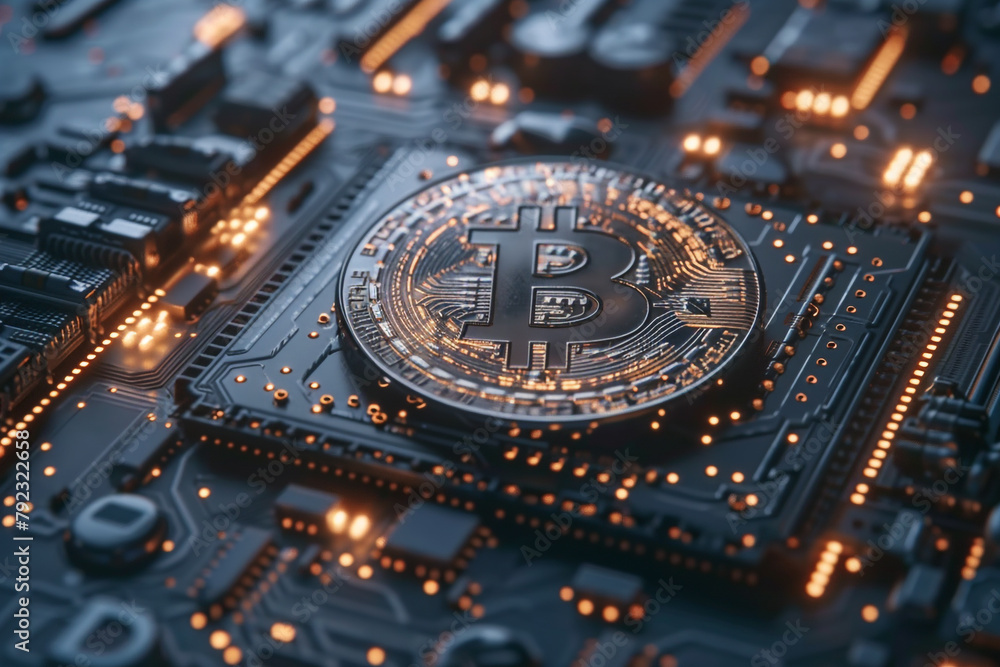 Close-up on a 3D Bitcoin coin on a circuit board Close-up on a 3D Bitcoin coin on a circuit board