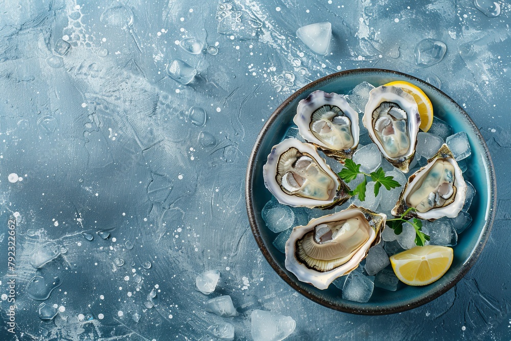 Fresh oysters on ice with lemon Seafood Top view Copy space available Fresh oysters on ice with lemon Seafood Top view Copy space available