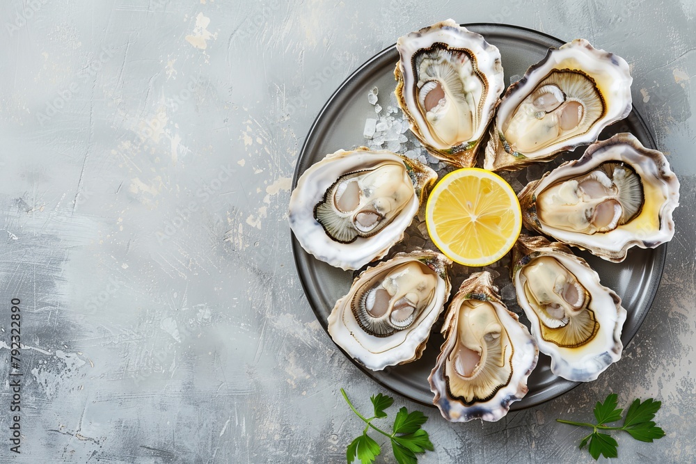 Fresh oysters with lemon on grey background top view Seafood dinner with champagne in restaurant Fresh oysters with lemon on grey background top view Seafood dinner with champagne in restaurant