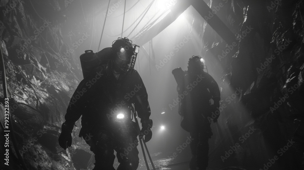 Fototapeta premium Through the mist the miners silhouette is ly visible clad in all black and adorned with gothic jewelry that glimmers like stolen treasure. .