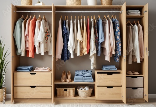 a modern wardrobe filled with stylish spring clothes, blending trends with comfort and functionality photo
